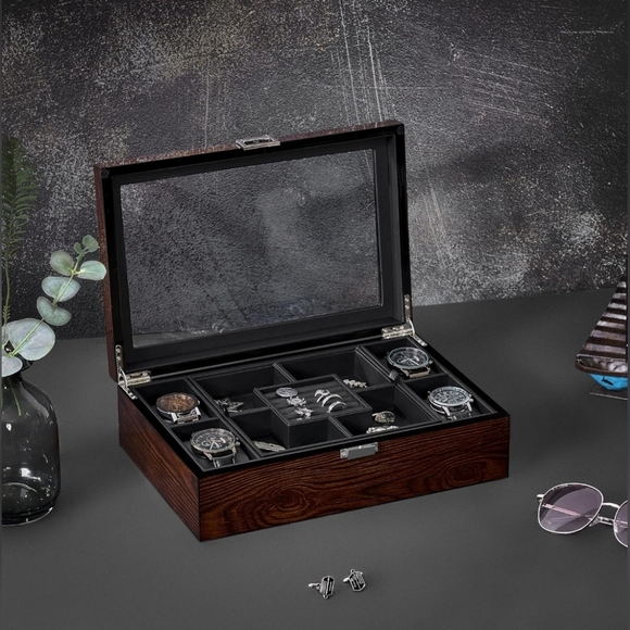 BEWISHOME Jewelry Box for Men with Glass Top, Wooden Watch Box Organizer - Picture 2 of 7